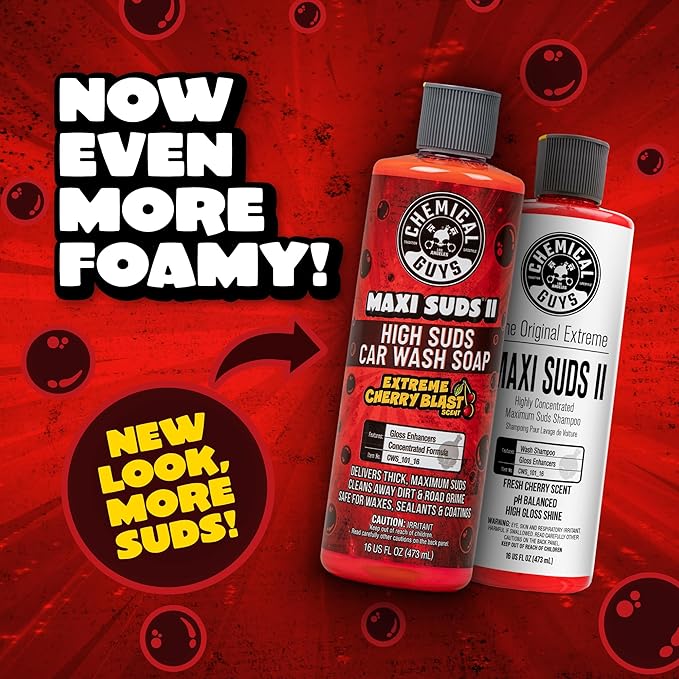 Chemical Guys Maxi Suds II Foaming Car Wash Soap – High Foam Car Wash Soap, Cherry Scent Shampoo and Gloss Booster for Foam Cannons, Guns or Buckets – Gentle, Safe for Trucks, SUVs, and RVs, 64 oz