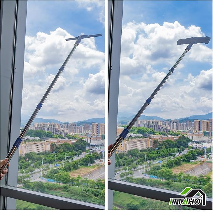 Window Squeegee with Extension Pole, Separate 12" Squeegee & 11" Microfiber Scrubber Heads, Window Cleaning Kit for Hard-to-Reach Windows, Shower Doors, Car Windshields, Indoor Outdoor-2 Pads