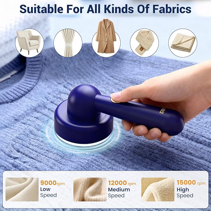 DBC Fabric Shaver & Lint Remover for Clothes, Sweaters & Furniture - 6-Leaf Blade, 3 Speeds, 2H Runtime, Portable Design Perfect for Travel, Includes 2 Extra Blades
