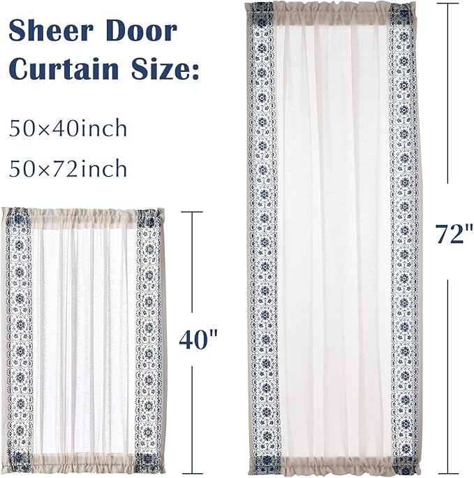jinchan French Sheer Volie Door Curtain Embroidered Farmhouse Linen Curtain for Patio Door with Tie up Bows Light Filtering for Door Window Closet Rod Pocket 72 Inches 1 Panel Blue on Beige