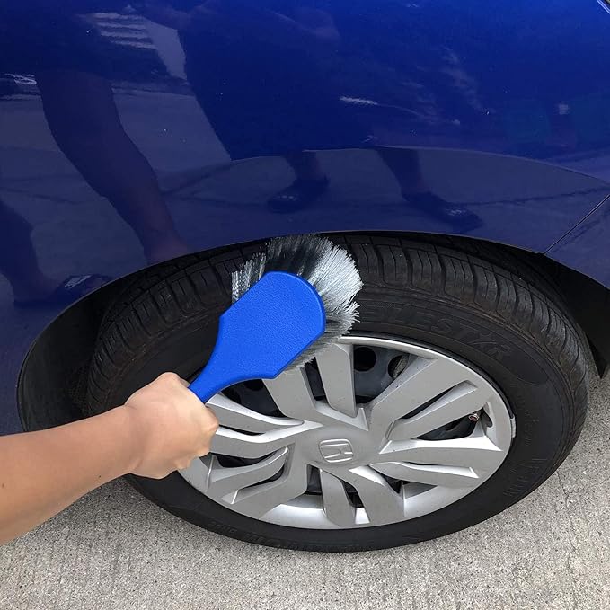 Wheel & Tire Brush for Car Rim, Soft Bristle Car Wash Brush, Cleans Tires & Releases Dirt and Road Grime, Short Handle for Easy Scrubbing Blue