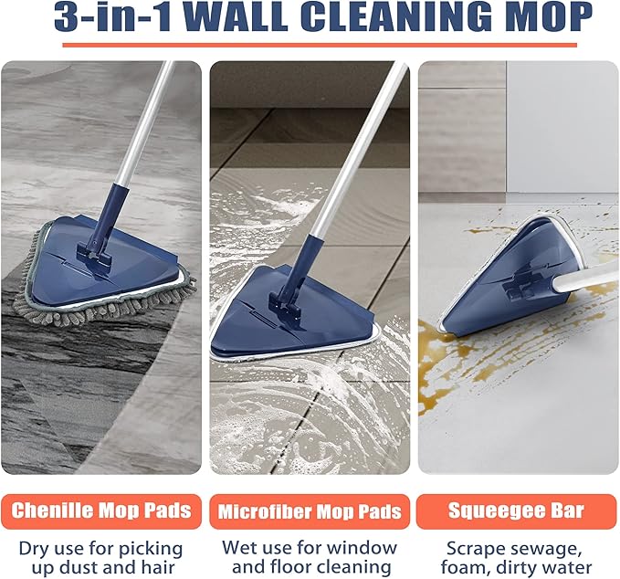 JEHONN Wall Cleaner Mop with Long Handle 82 Inches, 3-in-1 Ceiling Cleaning Tool Duster with 6 Replacement Microfiber Chenille Pads for Painted Walls, Window, Floor, Baseboard