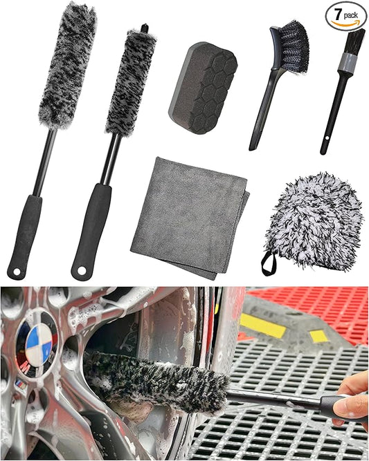 oesee 7PCS Pro-Grade Wheel Cleaning Kit: Long Handle Soft Wheel Brushes, Detailing Brush, Tire Scrubber, Wash Mitt, Hex-Logic Applicator & Microfiber Towel for Deep Car Detailing