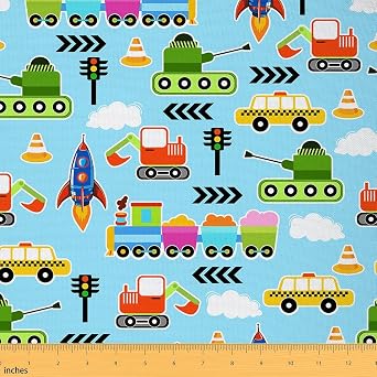 Train Car Fabric by The Yard Soft Polyester,Cartoon Excavator Tank Waterproof Fabrics,Watercolor Traffic Vehicle Fabric 