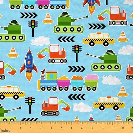 Train Car Fabric by The Yard Soft Polyester,Cartoon Excavator Tank Waterproof Fabrics,Watercolor Traffic Vehicle Fabric 