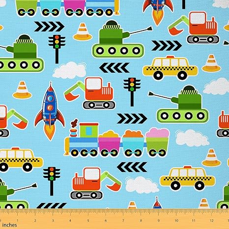 Train Car Fabric by The Yard Soft Polyester,Cartoon Excavator Tank Waterproof Fabrics,Watercolor Traffic Vehicle Fabric 