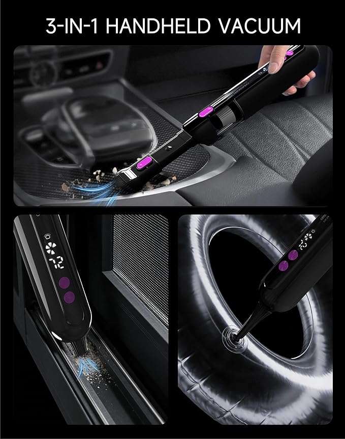 Handheld Car Vacuum Cleaner 15000Pa, Portable Cordless Mini Vacuum Blower 3 in 1, LED Display, Type C Rechargeable, Small Vacuum for Car Interior, Home, Desk Cleaning (Matte Black)