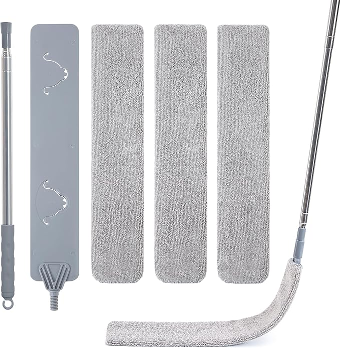 IVYROLL Skinny Duster with Extension Pole for Under Furniture, Under Appliance Cleaning Tool with 3 Microfiber Dusting Cloths, Retractable Flat Duster for Under Refrigerator, Tight Spaces, Gap