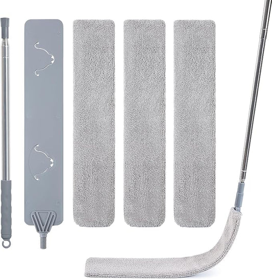 IVYROLL Skinny Duster with Extension Pole for Under Furniture, Under Appliance Cleaning Tool with 3 Microfiber Dusting Cloths, Retractable Flat Duster for Under Refrigerator, Tight Spaces, Gap