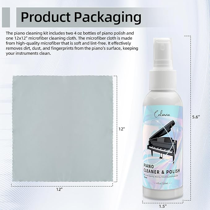 Calvana (2-Pack) 2-in-1 Piano Cleaner and Polish Kit, Includes 12x12 Microfiber Cleaning Cloth, Piano Accessories for Most Piano Surfaces, Grand Piano, Digital Piano, Baby Grand Piano, Violin, 4 OZ×2