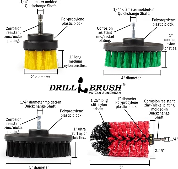 Drillbrush Multi-Surface Drill Brush Attachments Set for Car Interior, Bathroom, Flooring, Counters, Sinks, Siding, Garages, and More - Dishwasher Safe Drill Brush Car Detailing Kit Attachment Set