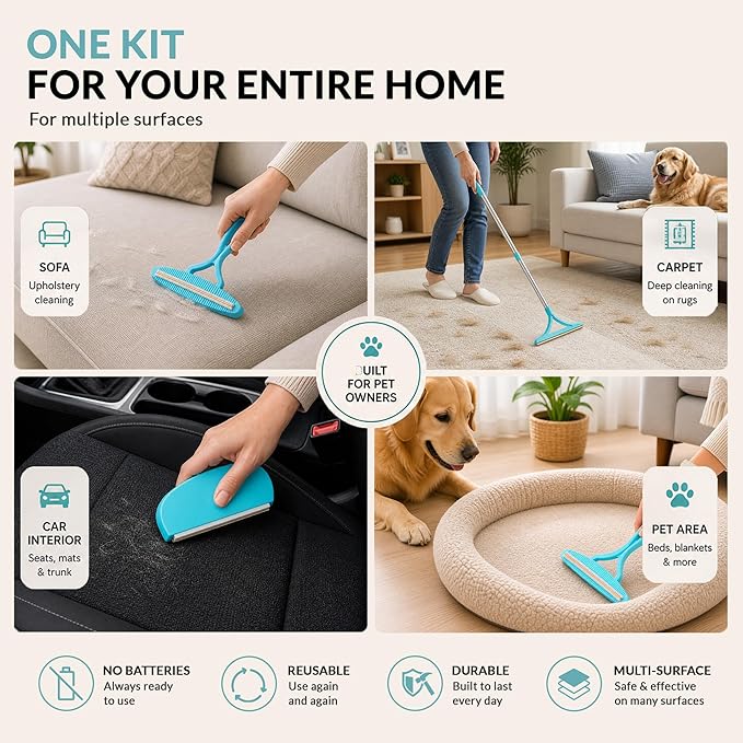 3 Pack Set Pet Hair Removal Tool – Reusable Carpet Rake Set with Long Handle, Dual-Sided Scraper & Detail Tool for Carpet, Furniture, Car & Embedded Dog & Cat Hair