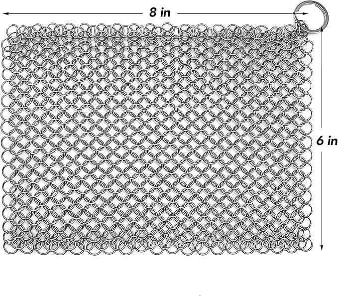 TOPULORS Cast Iron Scrubber 316 Stainless Steel Skillet Cleaner 8"x6" Chainmail Scrubber Scraper Chain Mail Link Scrub for Cast Iron Pre-Seasoned Pans, Griddles, BBQ Grills, and Pot Cookware Cleaning