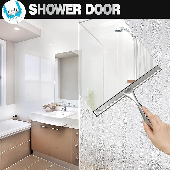NETANY Shower Squeegee, 10-Inch Silver Squeegee, All-Purpose Stainless Steel Squeegee for Bathroom, Shower Doors, Mirrors, Tiles and Car Windows - 100% Streak Free