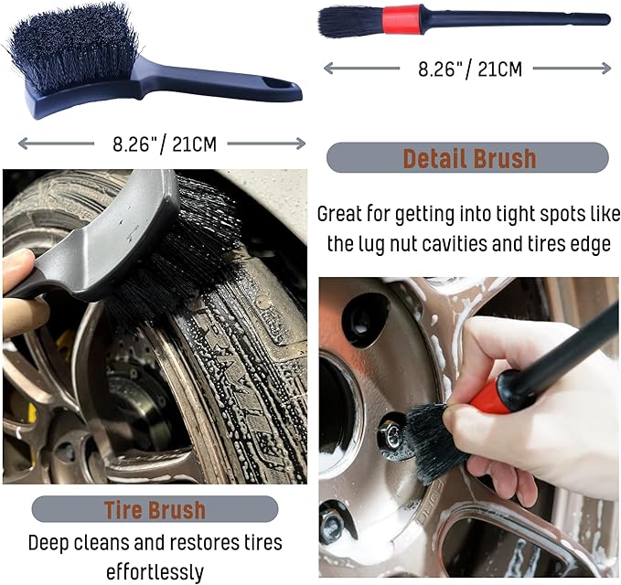 oesee Refined Long Handle Car Wheel Brush Arsenal, Soft Wheel and Rim Brush,Tire Brush, Bendable & Durable Car Wheel Rim Cleaner Brush Set for Cleaning Wheel and Tire, Large, Grey & Black