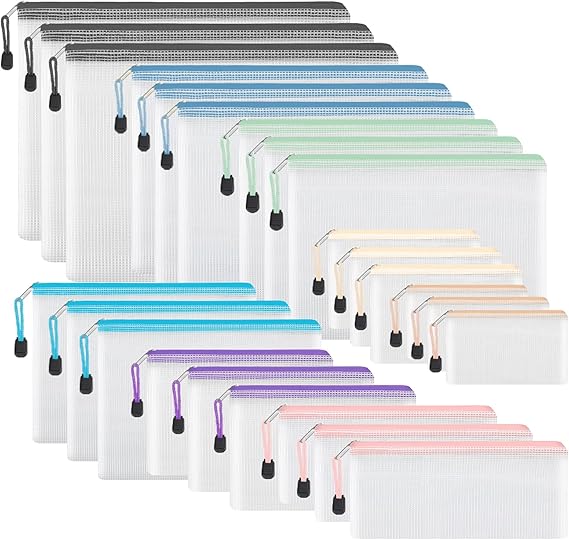 EOOUT 24pcs Mesh Zipper Pouch, Waterproof Zipper Bags, 8 Sizes Plastic Travel Pouch, 8 Colors, Multipurpose for Office S