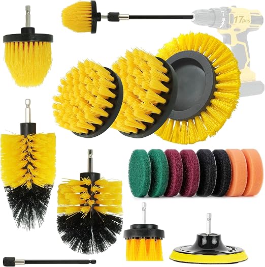 Drill Brush Attachments Set, 17PCS Power Scrubber Kit with Scouring Pads and Sponge, for Bathroom, Tile, Grout, Kitchen,