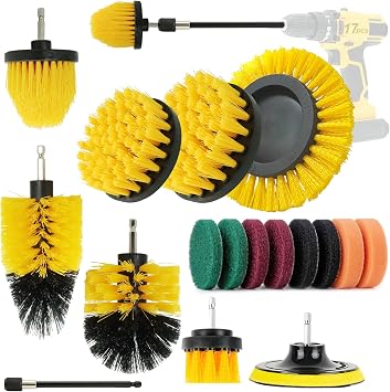 Drill Brush Attachments Set, 17PCS Power Scrubber Kit with Scouring Pads and Sponge, for Bathroom, Tile, Grout, Kitchen,