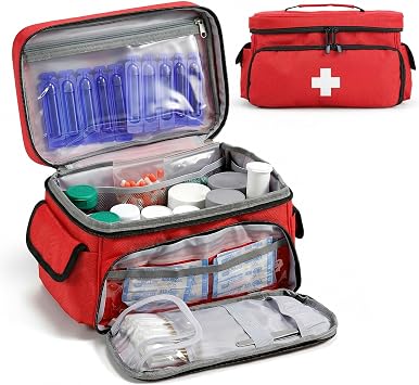 Red First Aid Bag Empty First Aid Kit Storage Box, 11.4" x 7.9" x 6.9" Medical Bag Portable Pill Bottle Organizer Case f