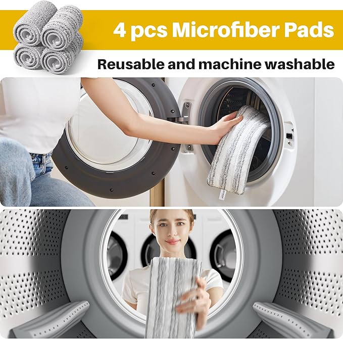 JOYMOOP 17.7-Inch Microfiber Flat Mop Replacement Pads – Washable Reusable Grey & Stripe, Pack of 4 Heavy-Duty Wet & Dry Refill for JOYMOOP Flat Mop & Bucket System