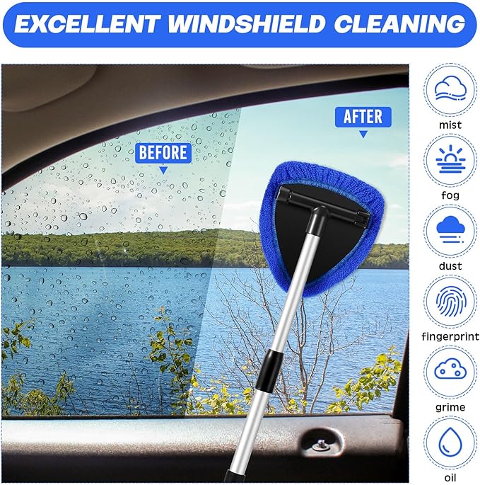 Potchen 8 Pcs Car Windshield Cleaner Tool Kit with Extendable Handle, Microfiber Towel Pads, Brush, Empty Spray Bottle for Auto Glass Wiper Suvs Rvs & Home Windows(Blue)