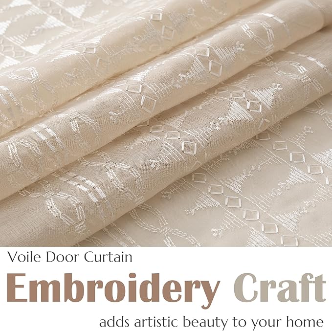 jinchan French Door Curtain Privacy Boho Embroidered Semi Sheer Voile Front Curtain for Window Doorway Closet, Door Panel with Tieback Rod Pocket 1 Panel (White on Beige, 55W x 40L Inch)