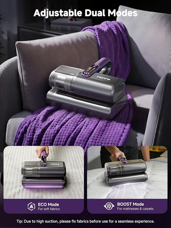 FEPPO Cordless Mattress Vacuum Cleaner, 18Kpa Bed Vacuum with 253.7nm UV-C Light, Ultrasonic, Dust Sensor & LED Display, 52800 BPM Handheld Vacuums for Bed, Sofa, Couch, Crib