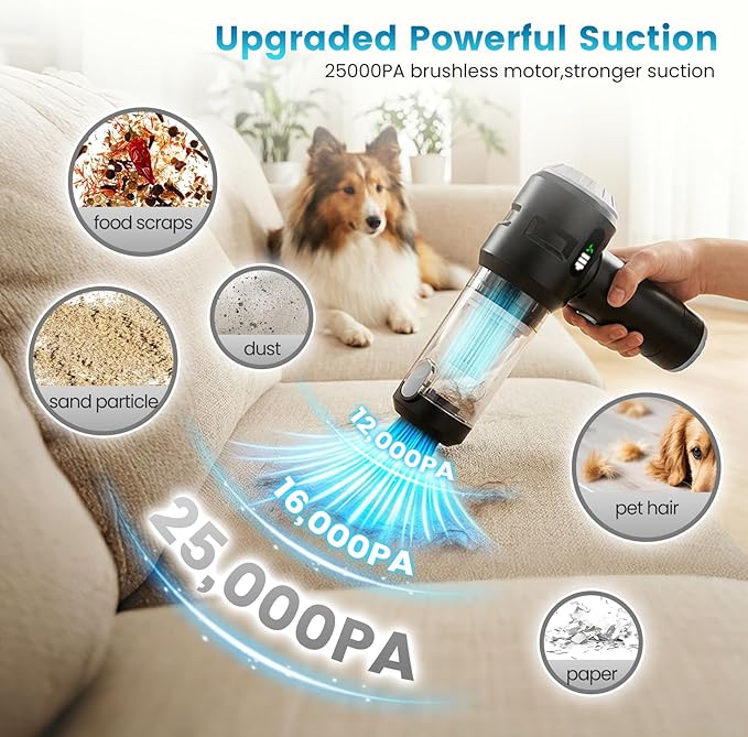 Wansimoo Handheld Car Vacuum Cleaner,25000PA Strong Cyclonic Suction Foldable Mini Vacuum Portable Cordless with Digital Display and One Touch Dust Removal for Car, Home, Office, Kitchen (Silver)