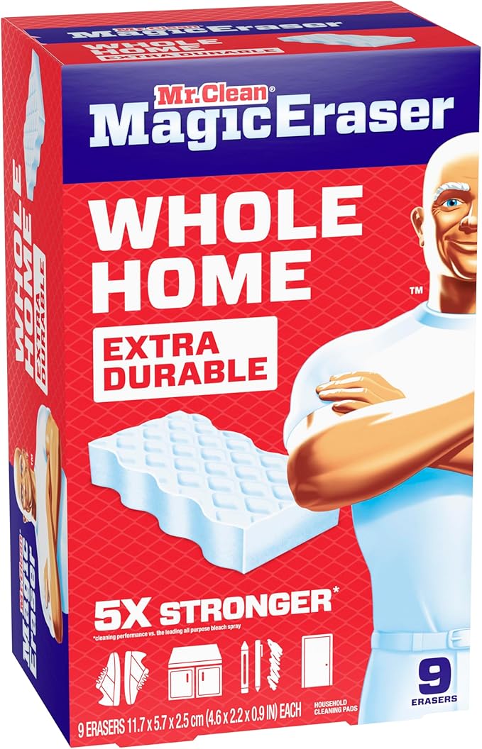 Mr. Clean Magic Eraser Sponge, All Purpose Cleaner, Cleaning Scrubber, Wall, Sneaker, Kitchen, Bathroom, Shower Cleaner, Cleaning Supplies, Melamine Sponge, Cleaning Pads, Extra Durable, 9ct