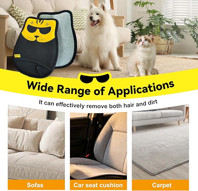 Pet Hair Removal Glove, Washable Reusable Cat Dog Fur Remover Mitt with Electrostatic Dual-Direction Surface for Couch, Sofa, Bedding, Rugs and Pet Beds(2pcs-Yellow Black)
