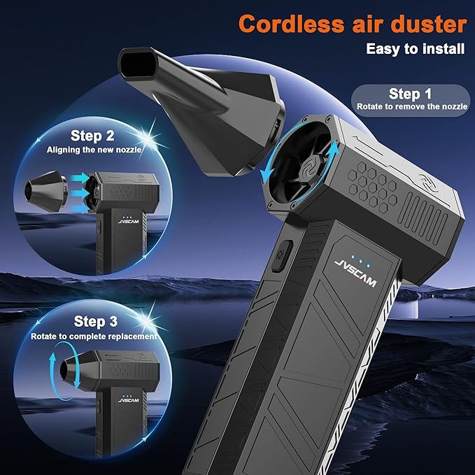 JVSCAM X3 Compressed Air Duster - Electric Air Duster with Brushless Motor,3 Gear Adjustable - Mini Air Blower- Rechargeable Air Duster for PC, Keyboard, Car,Outdoors,Home,Snow and Leaves Clearing