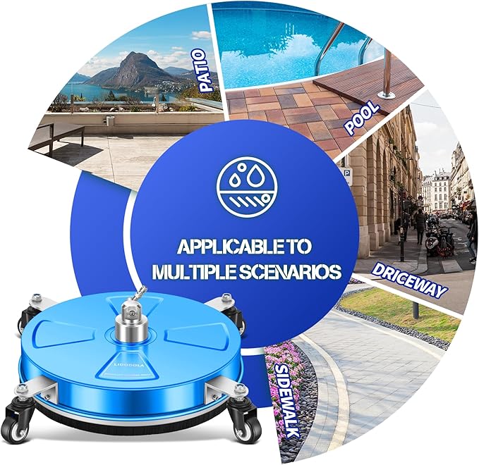 LidoDola 16'' Pressure Washer Surface Cleaner with 4 Wheels - Stainless Steel Surface Cleaner for Pressure Washer Attachment for Concrete, Driveway, Patio, Sidewalk, Deck and Driveways (16 INCH Blue)