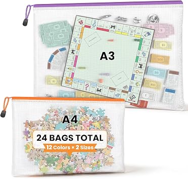 Umriox A3 A4 Mesh Zipper Storage Bags, 24 Pack 12 Colors Organizer Pouches