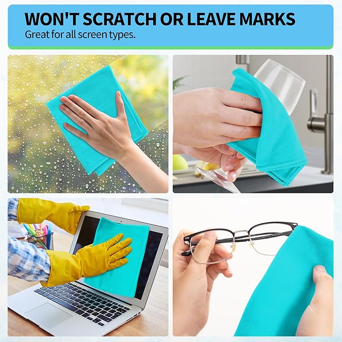 Microfiber Cleaning Cloth - 10 Pack Glasses Cleaning Cloth, 16" x 14" Window Cleaning Rags, Streak Free Lint Free Polishing Cloths Wipes for Eye Glass, Stainless Steel, Windshield, Turquoise