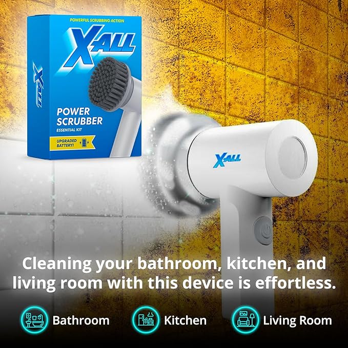 X-All Electric Spin Power Scrubber - Rechargeable Lightweight Waterproof Cordless 2-Speed Control Cleaning Tool with 2 Spin Brush Heads - White