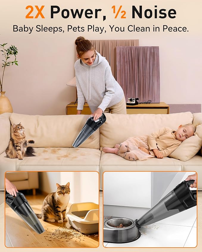 15-Min Fast Cleaning 120㎡ Room Handheld Vacuum Cordless - 26000Pa Strong Suction with Brushless Motor 18-36 Min Runtime Portable Vacuum - 1000mL Dust Cup One-Touch Emptying - Ease Use for Debris Hair