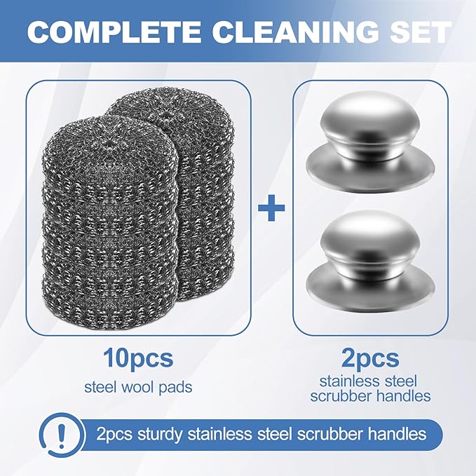 10Pcs Steel Wool Scrubber, Steel Wool Pads with 2Pcs Handle, Stainless Steel Scrubber for Dishes, Kitchen, Cleaning, Stoves, Pots and Pans, Grill, Wash Sink, Cleaning Dishes