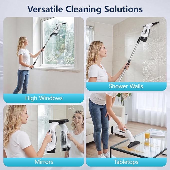 Window Vacuum Squeegee Cordless with Extendable Pole 31-40", 2000Pa Electric Window Cleaner with 2200mAh and 150ml Dirty Water Tank, Long Handle Shower Squeegee for Glass Door, Windows (White)