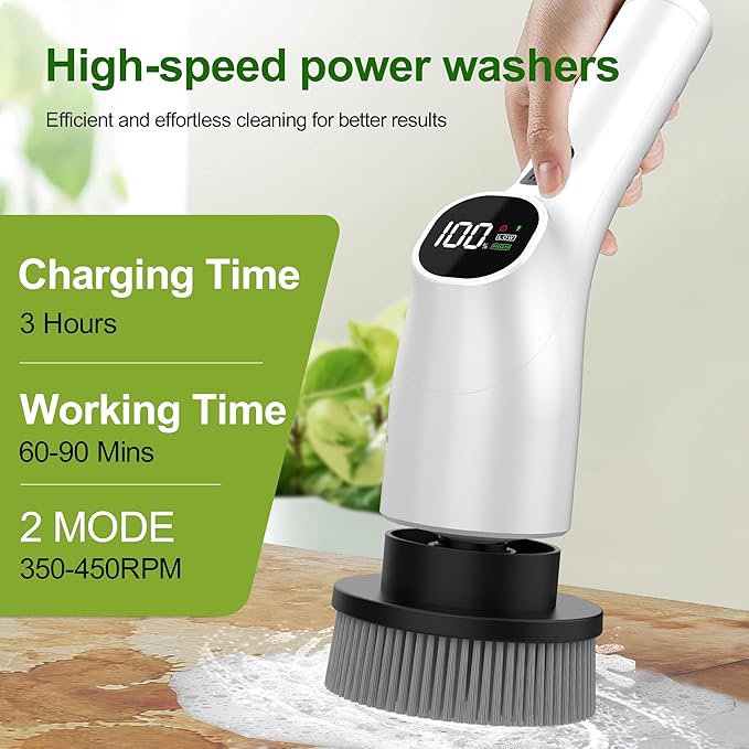 Electric Spin Scrubber, Shower Scrubber with Long Handle Adjustable LCD Display, 2 Speed Shower Cleaner, 7 Replaceable Brush Heads Bathroom Cleaning Brush, Bath Tub Power Scrubbers White G3