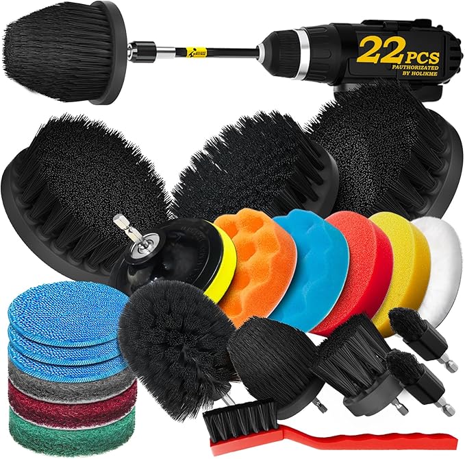 Holikme 22Pack Drill Brush Attachments Set, Scrub Pads & Sponge, Buffing Pads, Power Scrubber Brush, Car Polishing Pad Kit,Wax Applicator Pad,Car Cleaning Kit，Cleaning Supplies，Masonry Brushes,Black