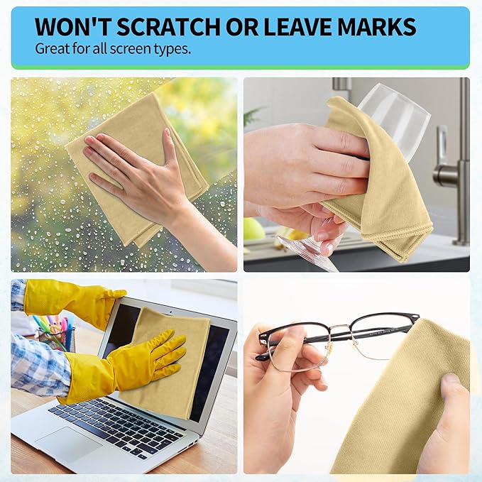Microfiber Cleaning Cloth, 12 Pack Window Glasses Cleaning Cloth, Reusable Lint-Free Streak Free Polishing Cloth Wipes for Stainless Steel, Eyeglass, Mirror, Screen & Lense,12"*12" Beige