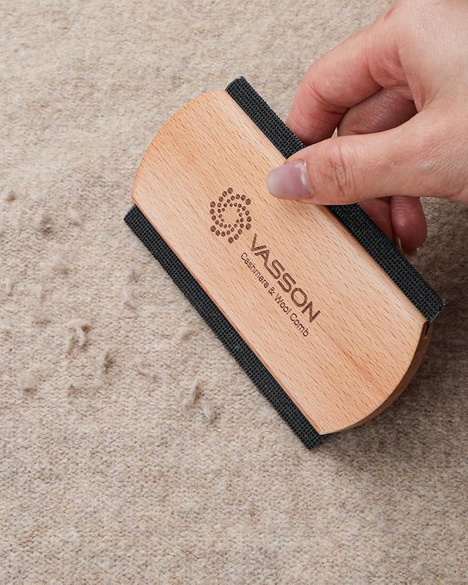 VASSON Cashmere Comb for Sweaters & Wool - Thicker Solid Beechwood Handle Fabric Shaver - 20% Larger Manual Depiller & Fuzz Remover for Knits, Scarves, and Coats (Dual-Sided Design)