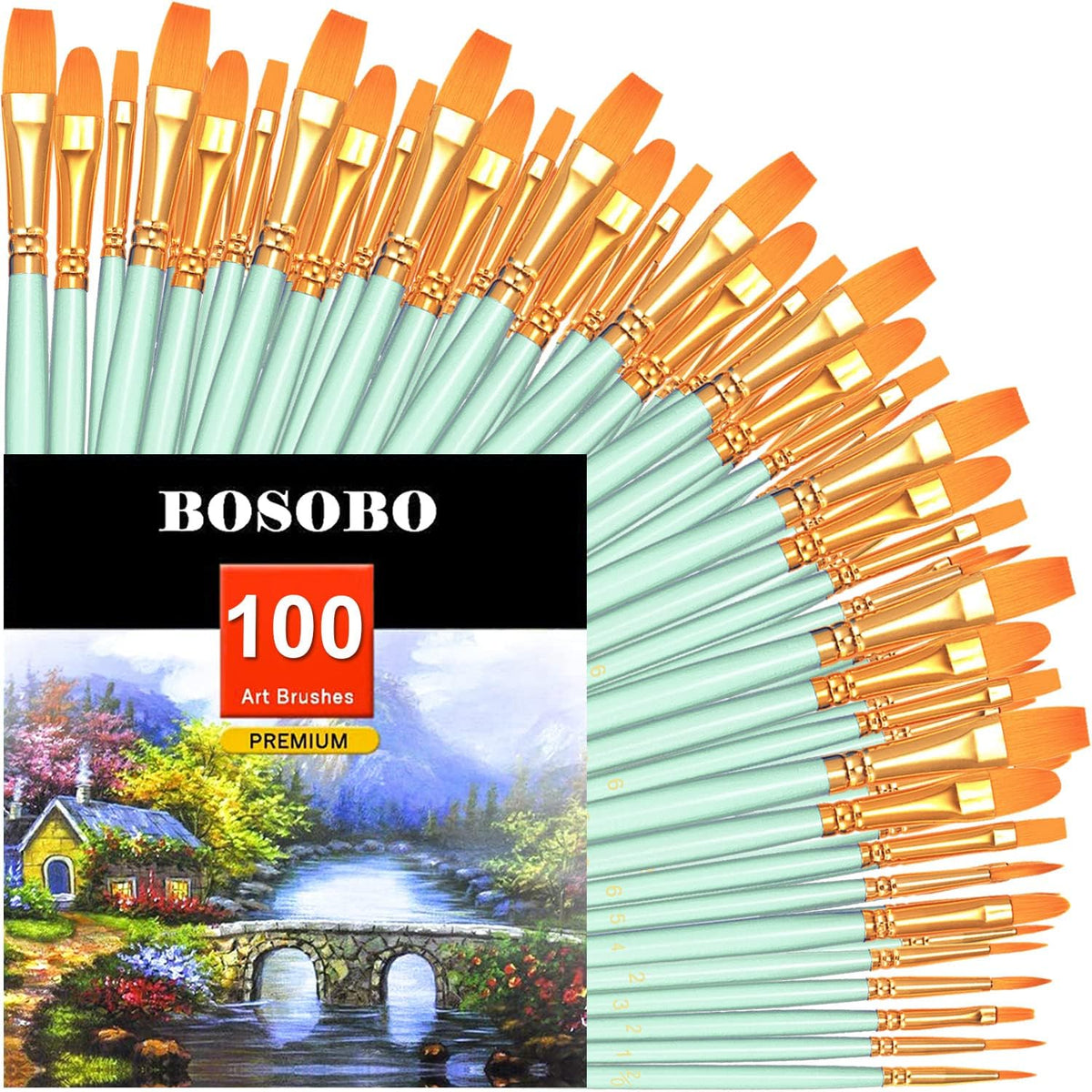 Paint Brushes Set, 10 Pack 100 Pcs Round Pointed Tip Paintbrushes Nylon Hair Artist Acrylic Paint Brushes for Acrylic Oil Watercolor, Face Nail Art, Miniature Detailing & Rock Painting, Green