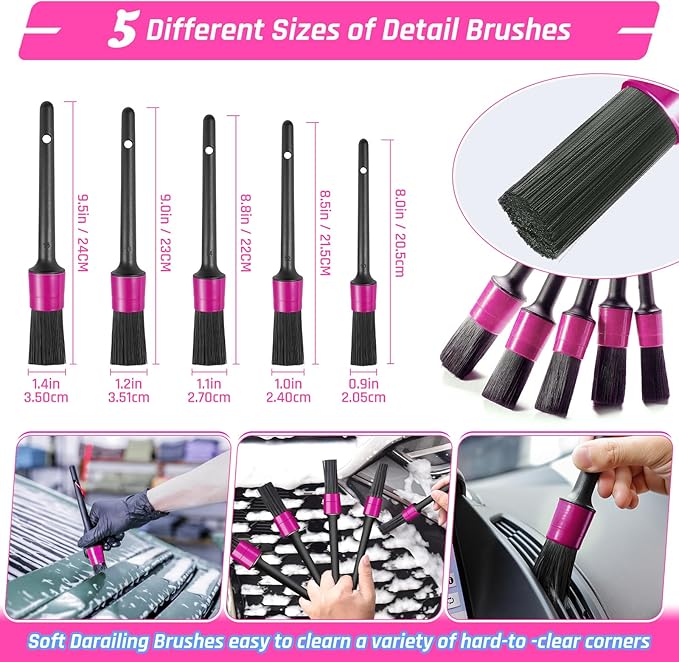 34PCS Car Detailing Brush Set, Car Detailing Kit, Car Detailing Brushes, Car Cleaning Kit, Professional Car Care kit - Car Wash Brush kit for Interior Exterior Wheels, Pink Car Accessories for Women