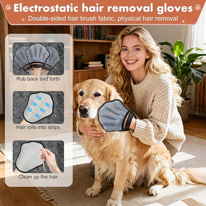 Pet Hair Removal Glove, Electrostatic Pet Hair Remover Glove for Cats & Dogs, Pet Hair Remover Tool for Laundry, Couch, Carpet, Car Seat - Upgraded Five-Finger, Reusable, Grey+Grey