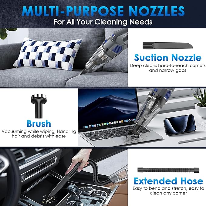 Gxzsk Handheld Vacuum Cordless, 15000PA Strong Suction Hand Held Car Vacuum Cleaner Rechargeable, Portable Hand Vacuum with Multi-Nozzles & Washable Filter for Home Office, Car, Pets