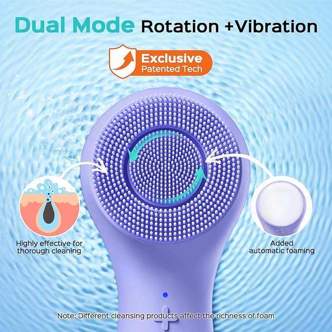 COSLUS Face Scrubber Facial Cleansing Brush: 2 in 1 Spin and Vibration Patented Tech, Silicone Electric Exfoliator Scrubber with Automatic Foaming, Waterproof Face Cleanser Brush for Men (Purple)