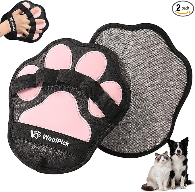 WoofPick 2 PCS Efficient PU Pet Hair Removal Gloves, Cat Dog Hair Remover, Electrostatic Deshedding Mitts, Gentle Reusable Fur Removal Tool for Furniture, Couch, Clothes & Car