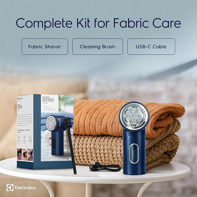Electrolux Rechargeable Fabric Shaver | Compact Travel Lint Remover for Clothes & Furniture | Eliminates Fuzz & Pilling | 3-Speed Electric Lint Shaver with Type-C Fast Charging Port - Blue