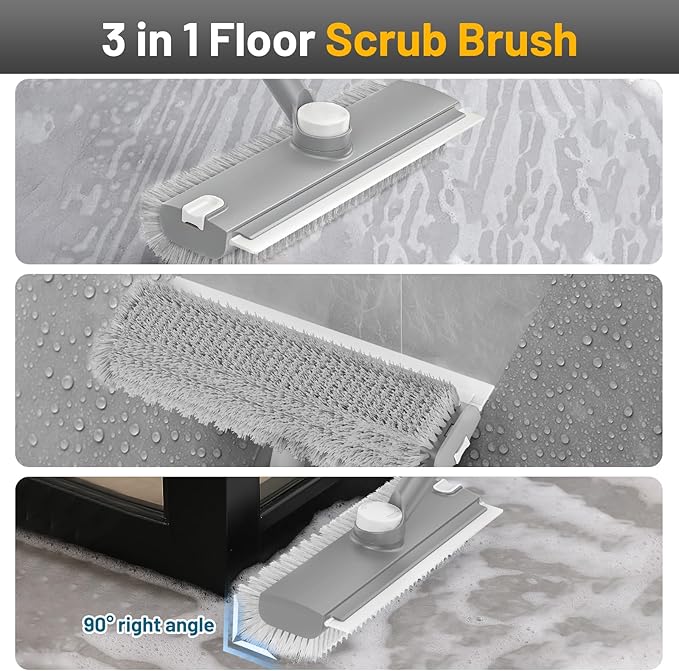 Floor Scrub Brush with Long Handle: 3 in 1 Heavy-Duty Floor Scrubber Brush with Squeegee for Cleaning Tile Bathroom Deck Kitchen Patio - Gray